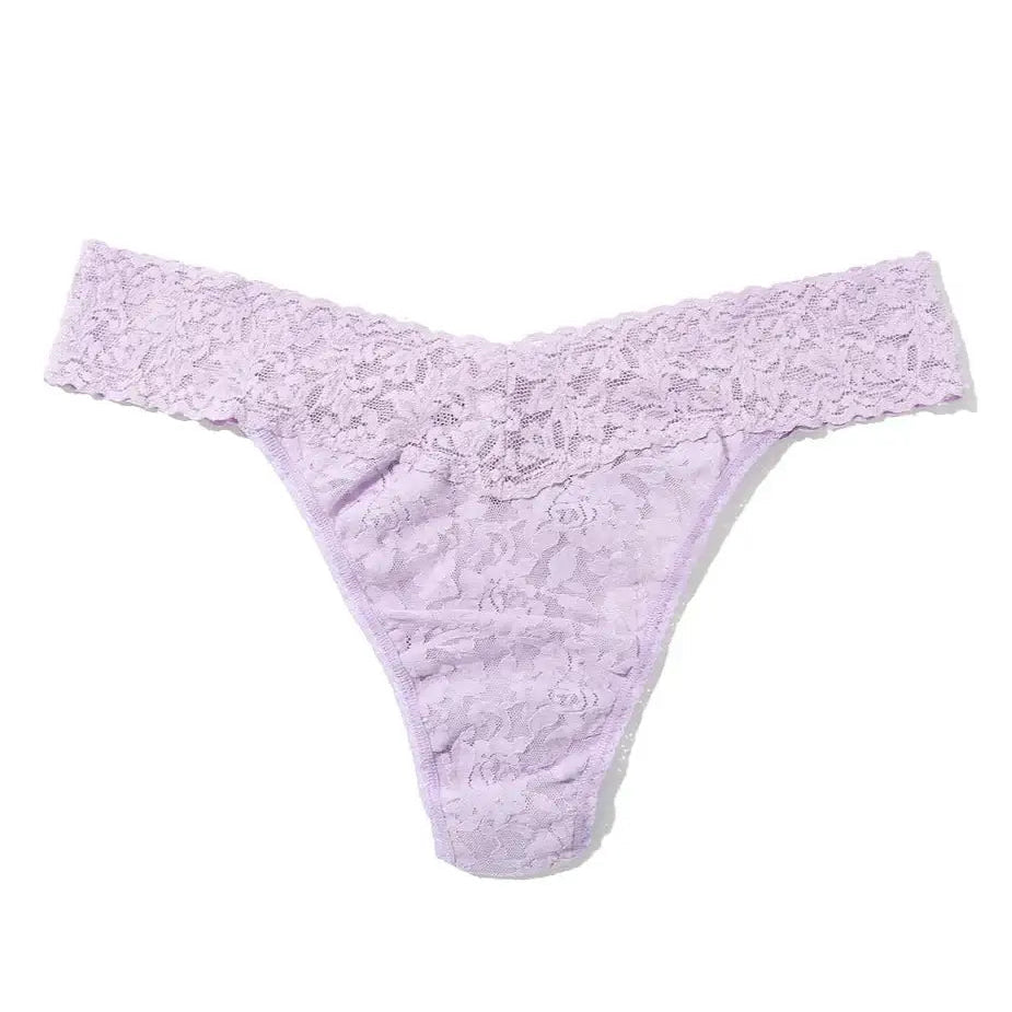 Hanky Panky Original Rise Thong in lavender, made of signature lace, one size fits most. Bestselling women's lingerie.