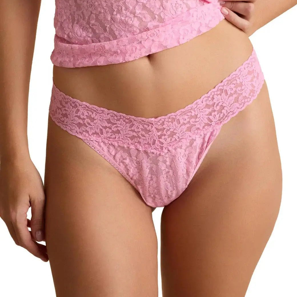 Hanky Panky Original Rise Thong - Signature Lace in pink on model showcasing a stylish and comfortable fit.