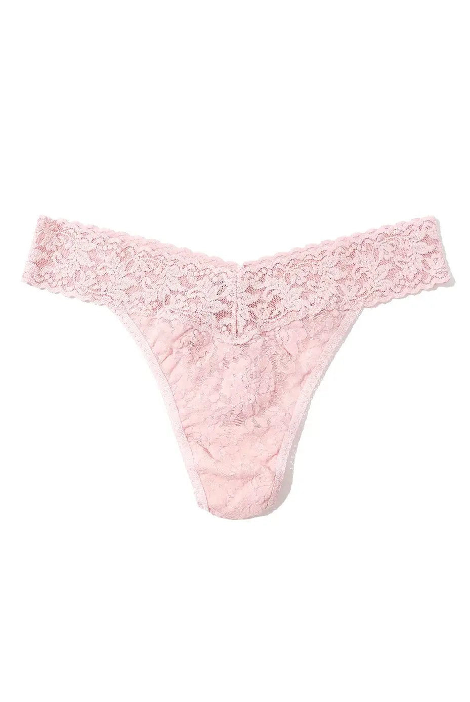 Hanky Panky Original Rise Thong in soft pink with signature lace design, one size fits most lingerie.