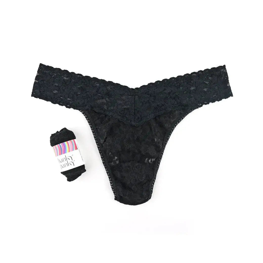 Hanky Panky Original Rise Thong – Signature Lace in black with matching package, showcasing elegant lace design.