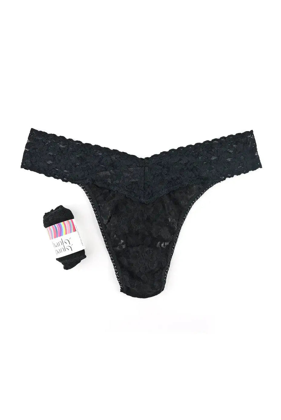 Hanky Panky Original Rise Thong – Signature Lace in black with matching package, showcasing elegant lace design.