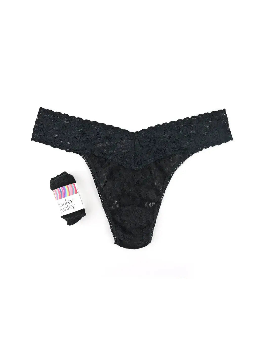 Hanky Panky Original Rise Thong – Signature Lace in black with matching package, showcasing elegant lace design.