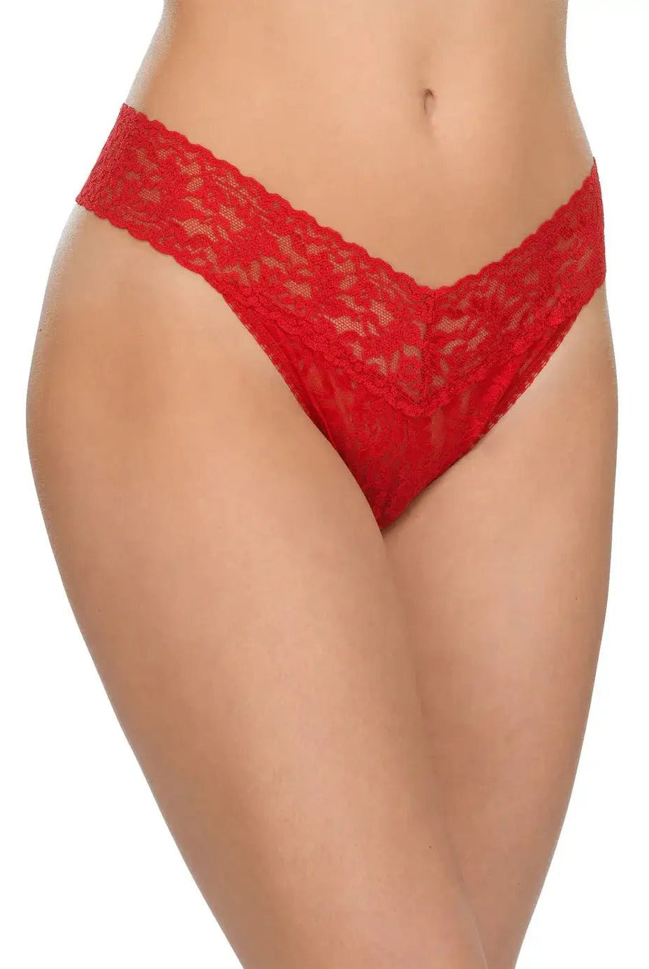 Hanky Panky Original Rise Thong in vibrant red lace, showcasing the signature design and comfortable fit.