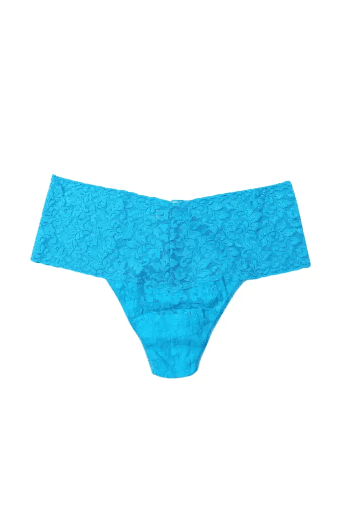 Hanky Panky Retro Thong in vibrant blue lace, high-waisted design for comfort and flattering coverage, one size fits most.