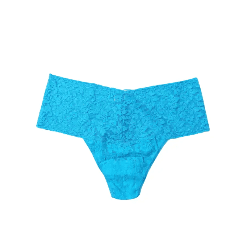 Hanky Panky Retro Thong in vibrant blue lace, high-waisted design for comfort and flattering coverage, one size fits most.