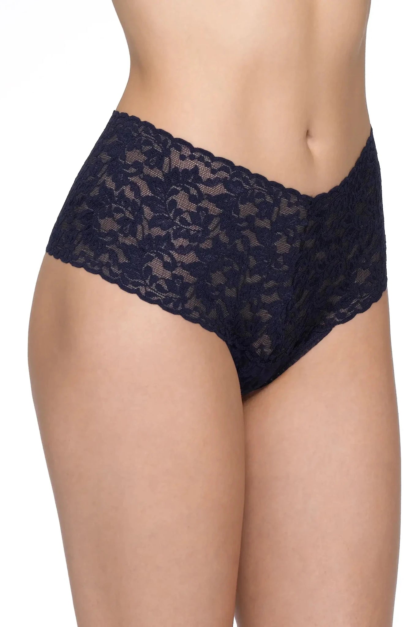 Hanky Panky Retro Thong in navy lace, showcasing high-waisted design for figure-flattering coverage, ideal for comfort.