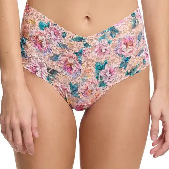 Hanky Panky Retro Thong in floral lace design showcasing high-waisted style and figure-flattering coverage.