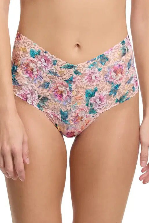 Hanky Panky Retro Thong in floral lace design showcasing high-waisted style and figure-flattering coverage.