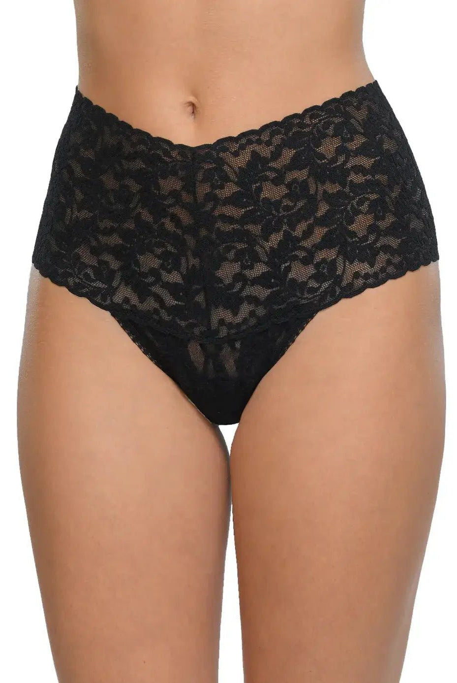 Hanky Panky Retro Thong in black lace showcasing a high-waisted design, perfect for comfort and flattering coverage.