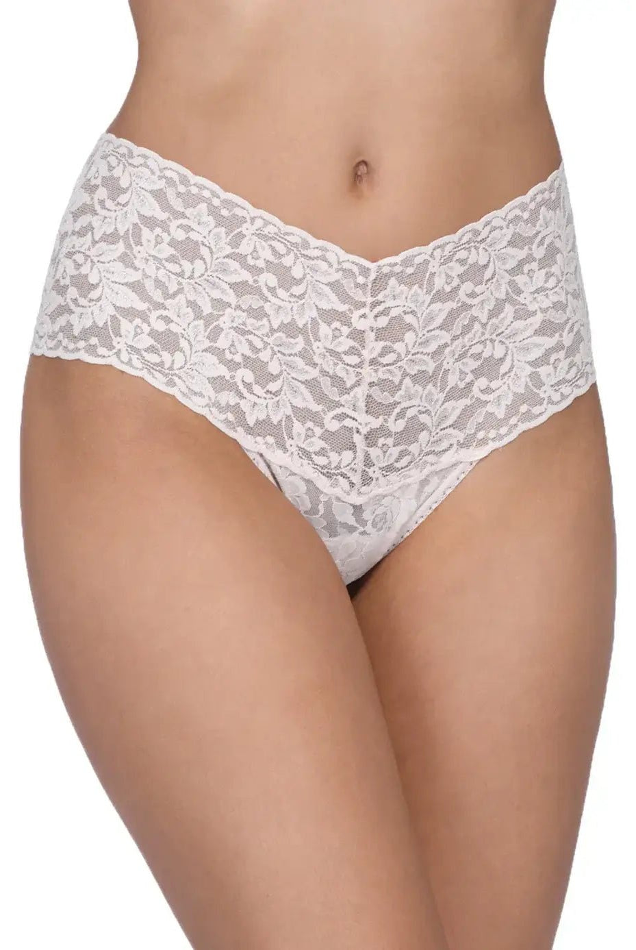 Hanky Panky Retro Thong in ivory lace, high-waisted design for flattering coverage, one size fits most.