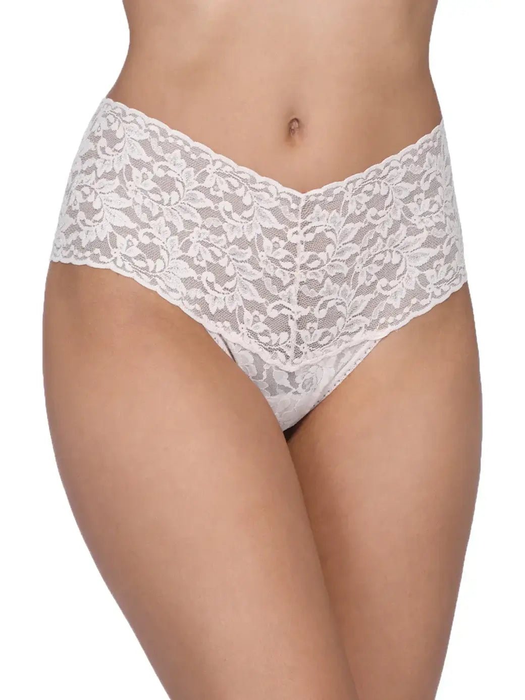 Hanky Panky Retro Thong in ivory lace, high-waisted design for flattering coverage, one size fits most.