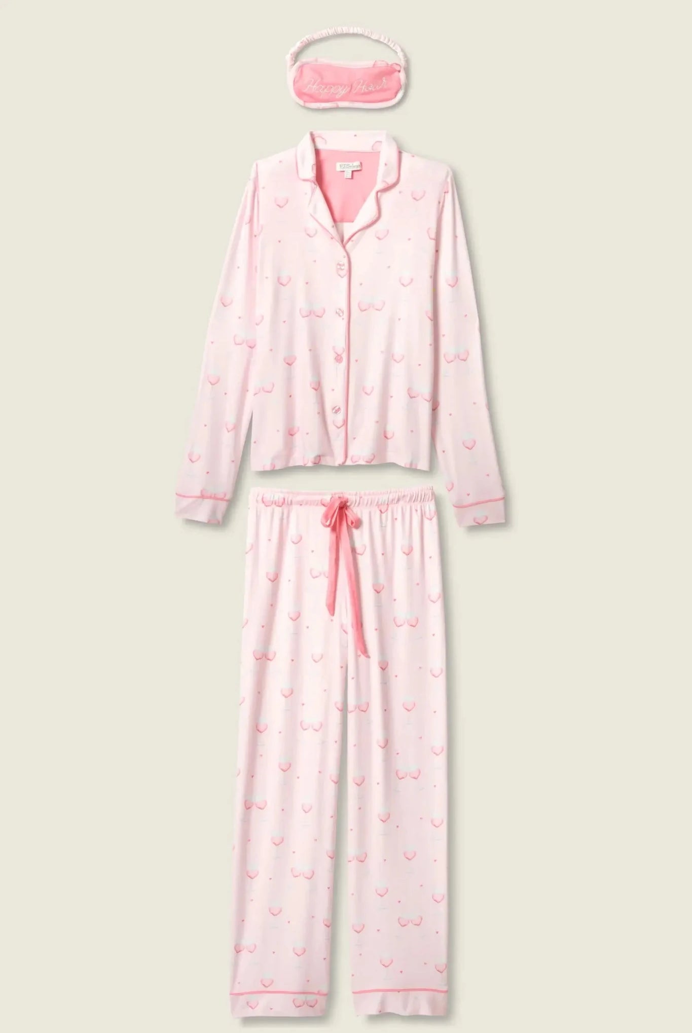 Happy Hour Wine Glass Print 3-Piece PJ Set | PJ Salvage women's wine glass print pj set in pink - button up long sleeve top, straight leg pants, and matching eye mask flat lay shot