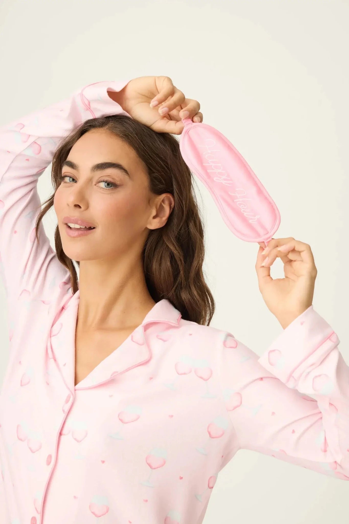 Happy Hour Wine Glass Print 3-Piece PJ Set | PJ Salvage women's wine glass print pj set in pink - button up long sleeve top, straight leg pants, and matching eye mask