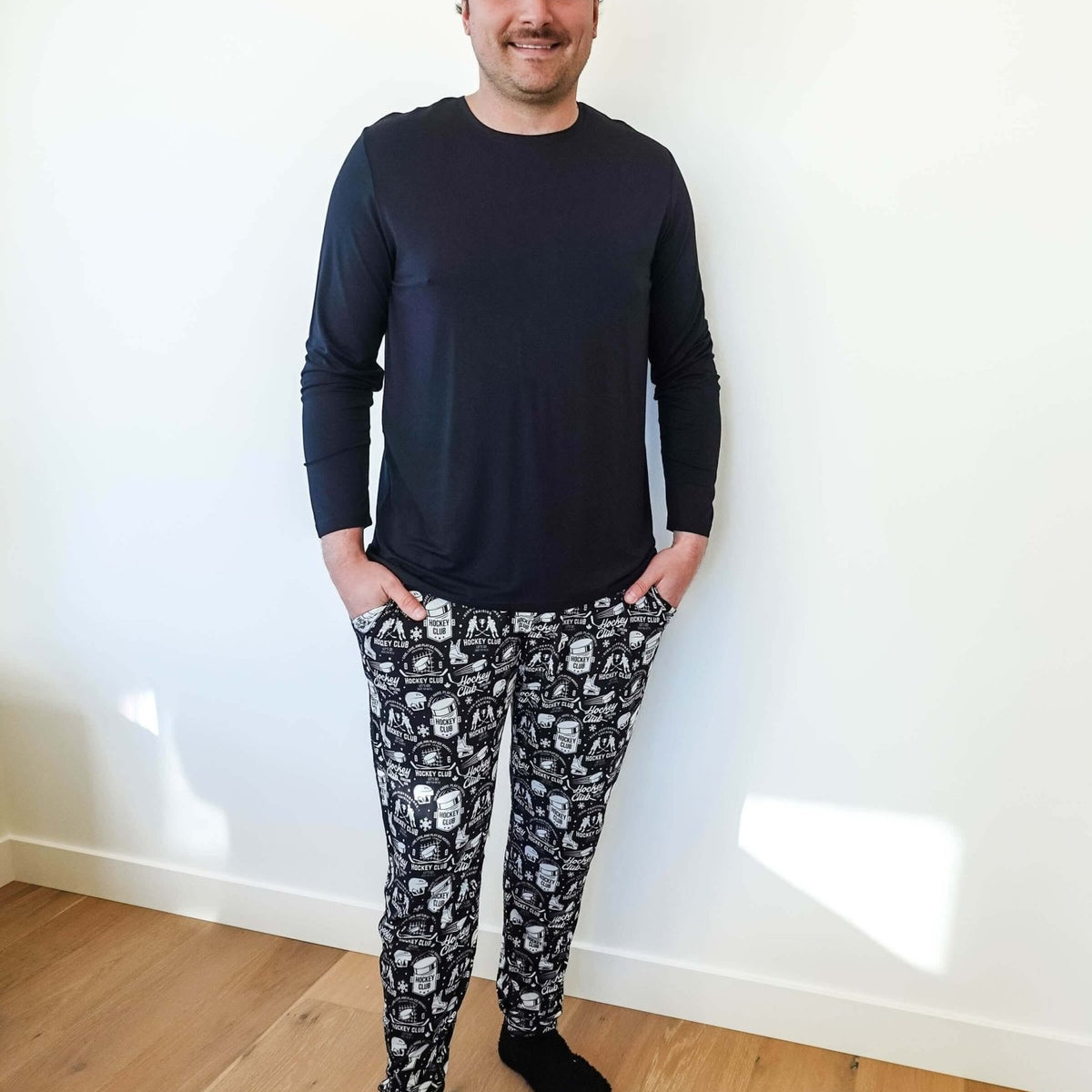 mens hockey print jogger bamboo black and white by bob's sleepwear co.
