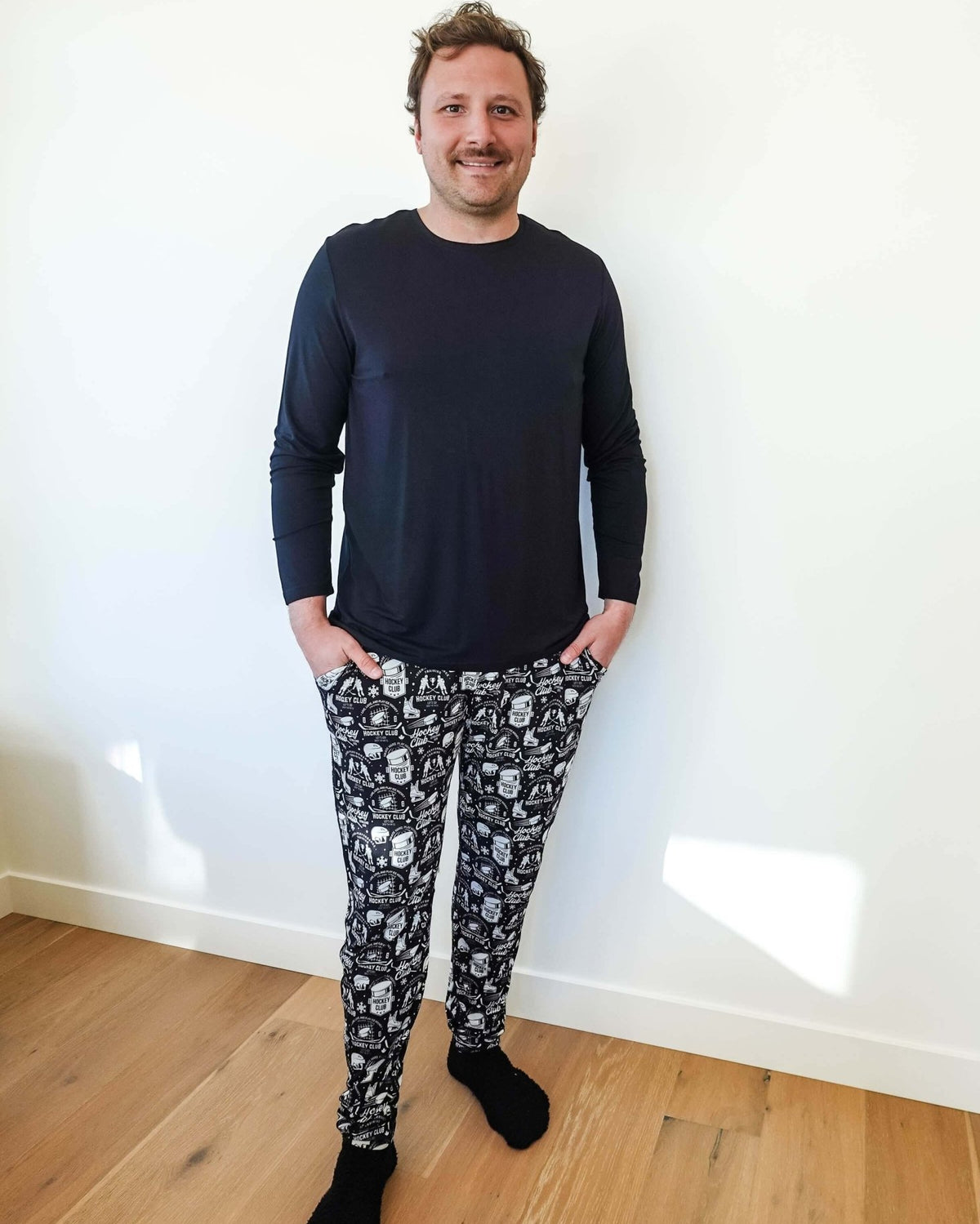 mens hockey print jogger bamboo black and white by bob's sleepwear co.
