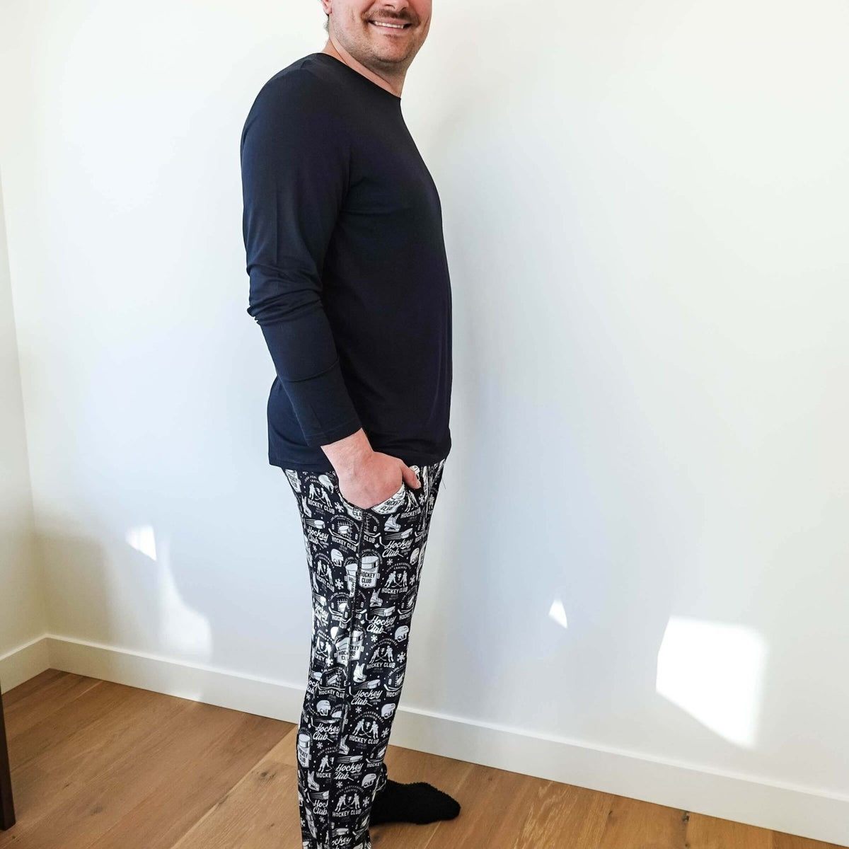 mens hockey print jogger bamboo black and white by bob's sleepwear co.