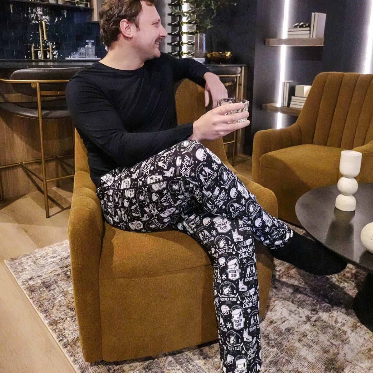 mens hockey print jogger bamboo black and white by bob's sleepwear co.