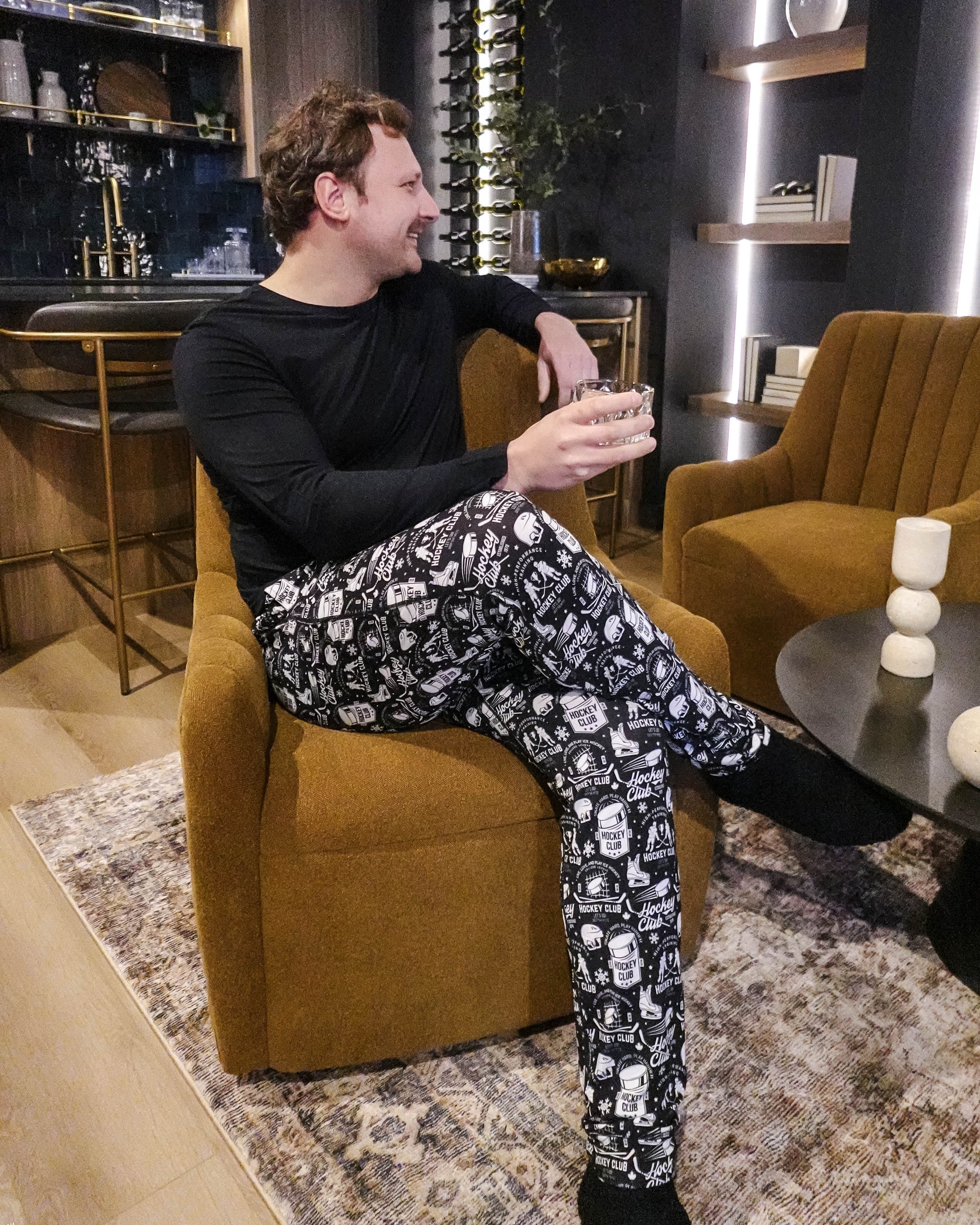 mens hockey print jogger bamboo black and white by bob's sleepwear co.