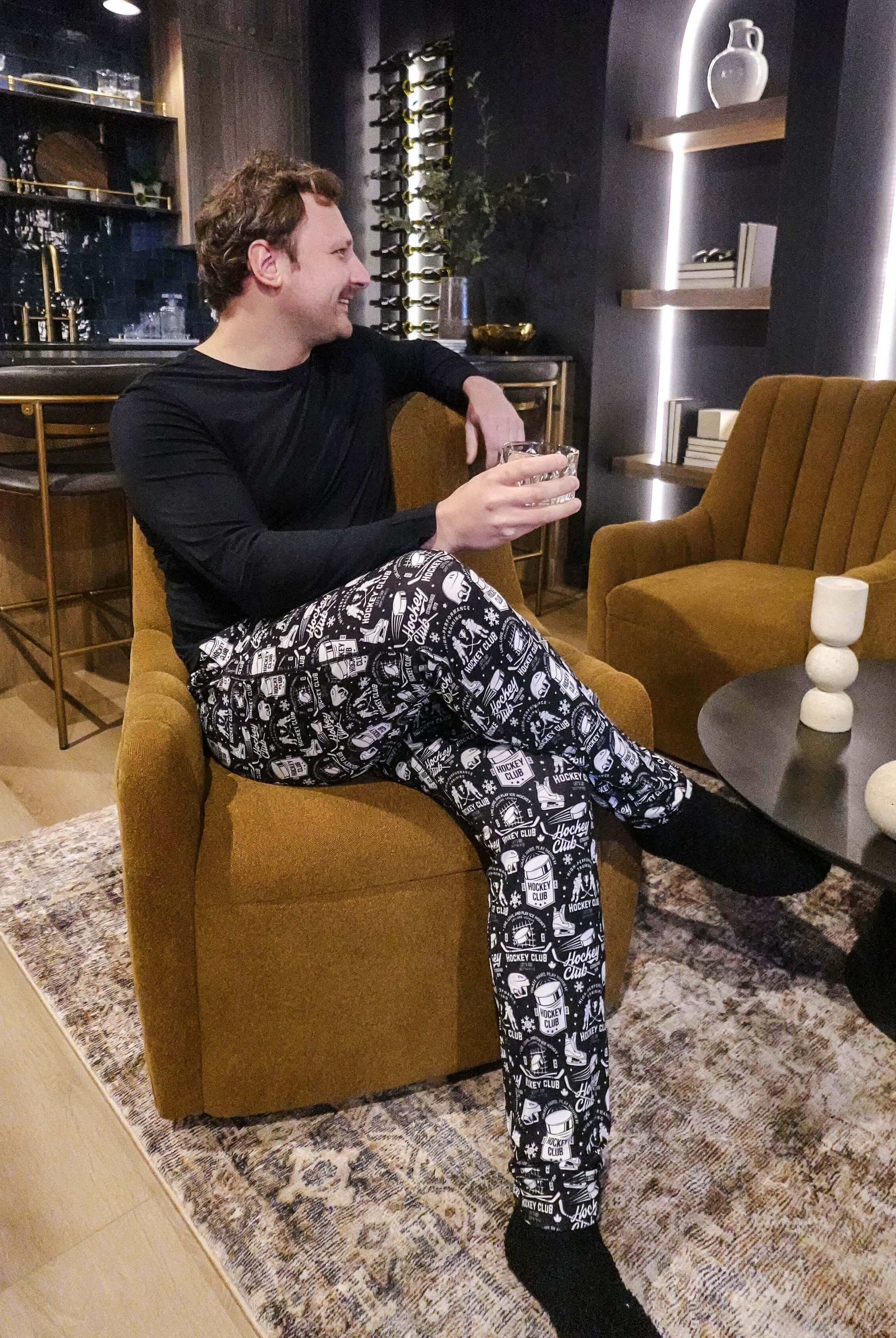 mens hockey print jogger bamboo black and white by bob's sleepwear co.