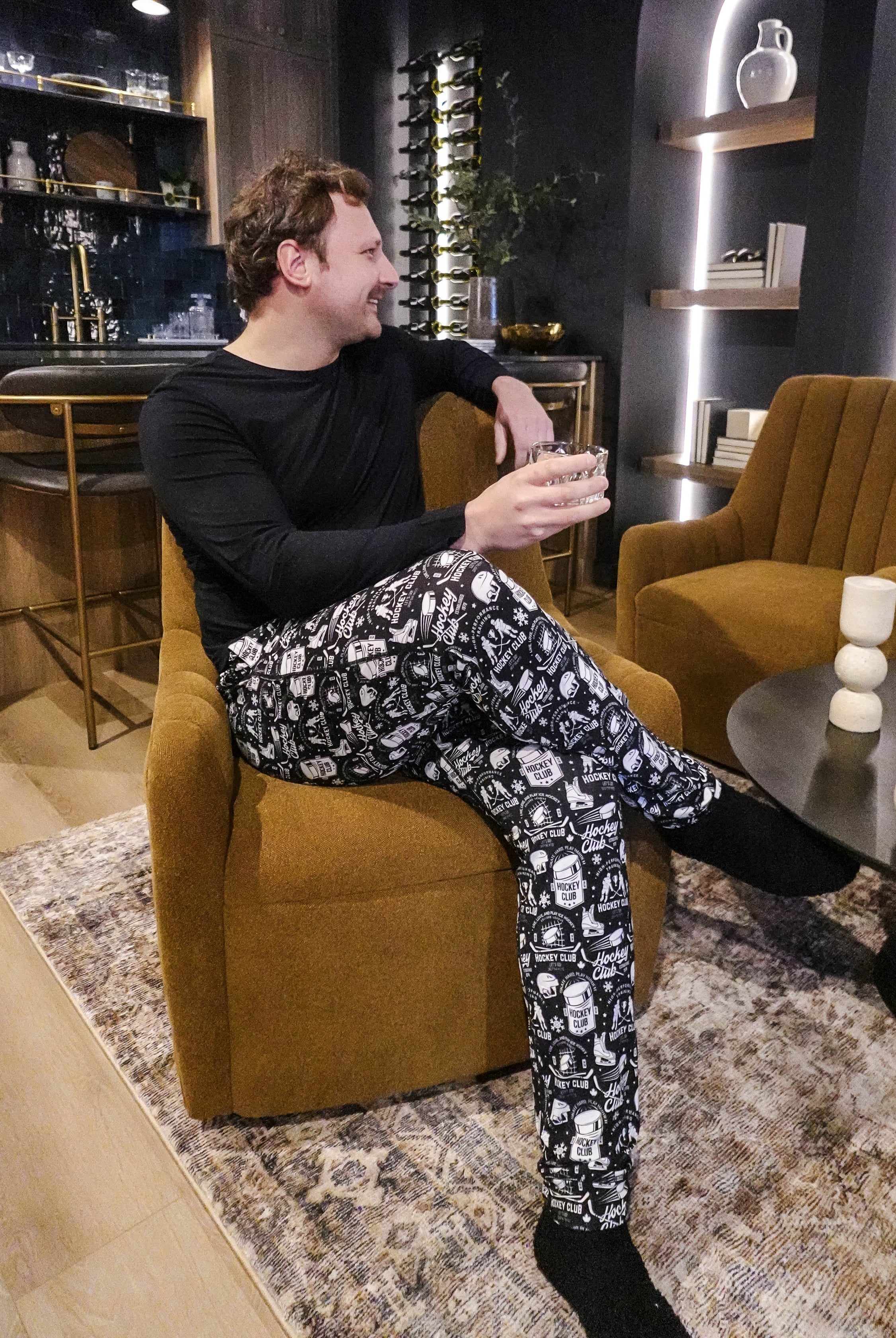 mens hockey print jogger bamboo black and white by bob's sleepwear co.