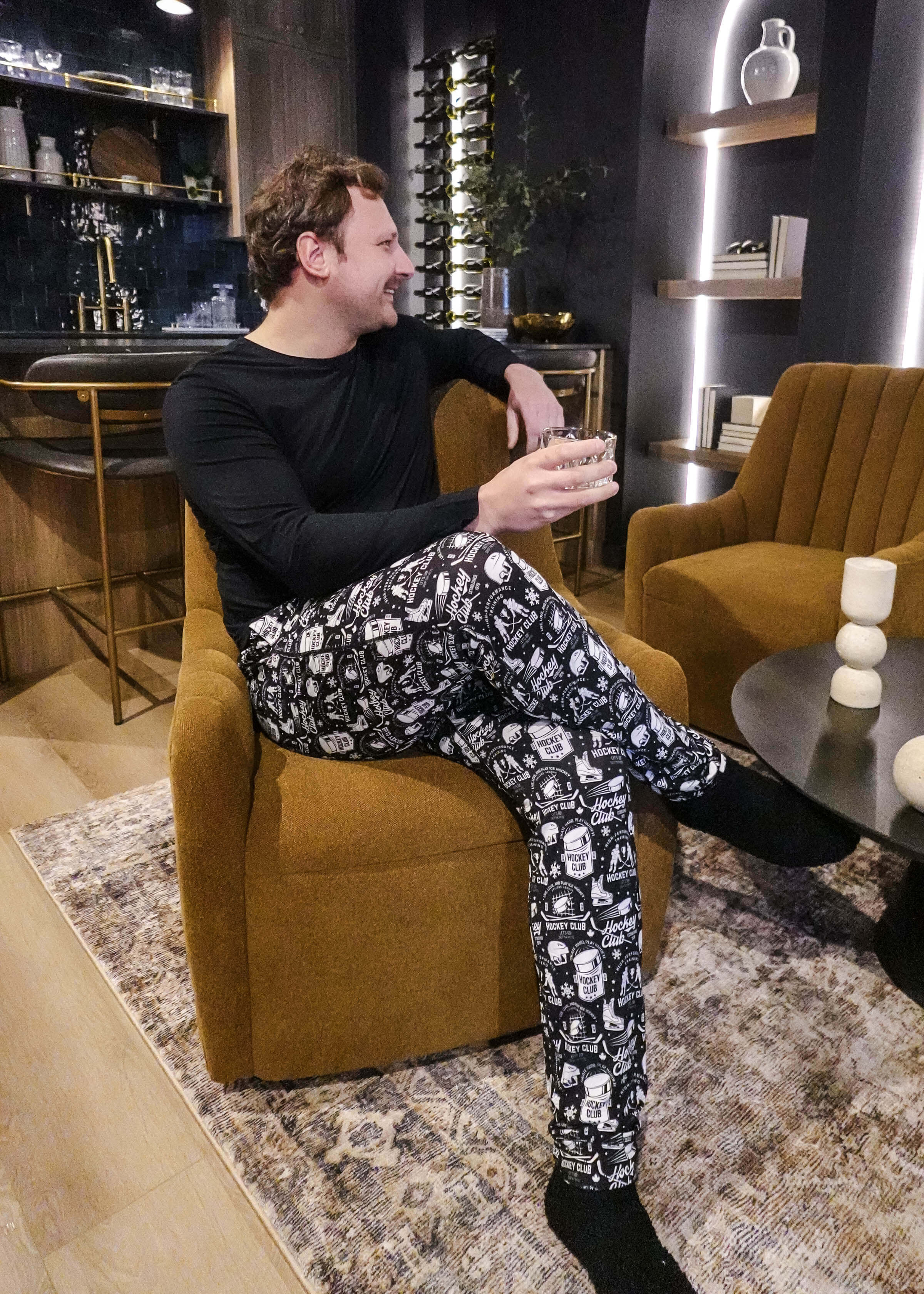 mens hockey print jogger bamboo black and white by bob's sleepwear co.