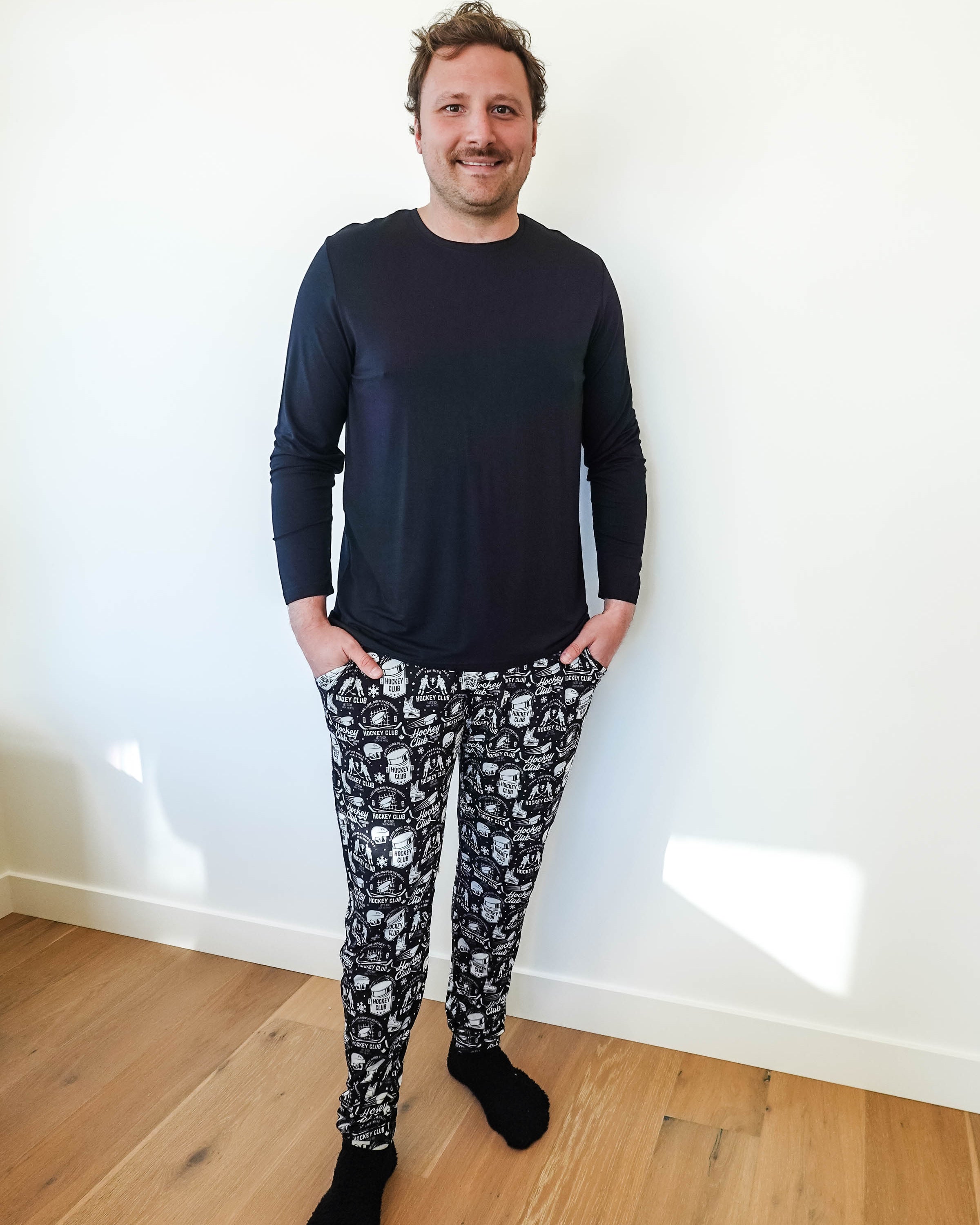 mens hockey print jogger bamboo black and white by bob's sleepwear co.