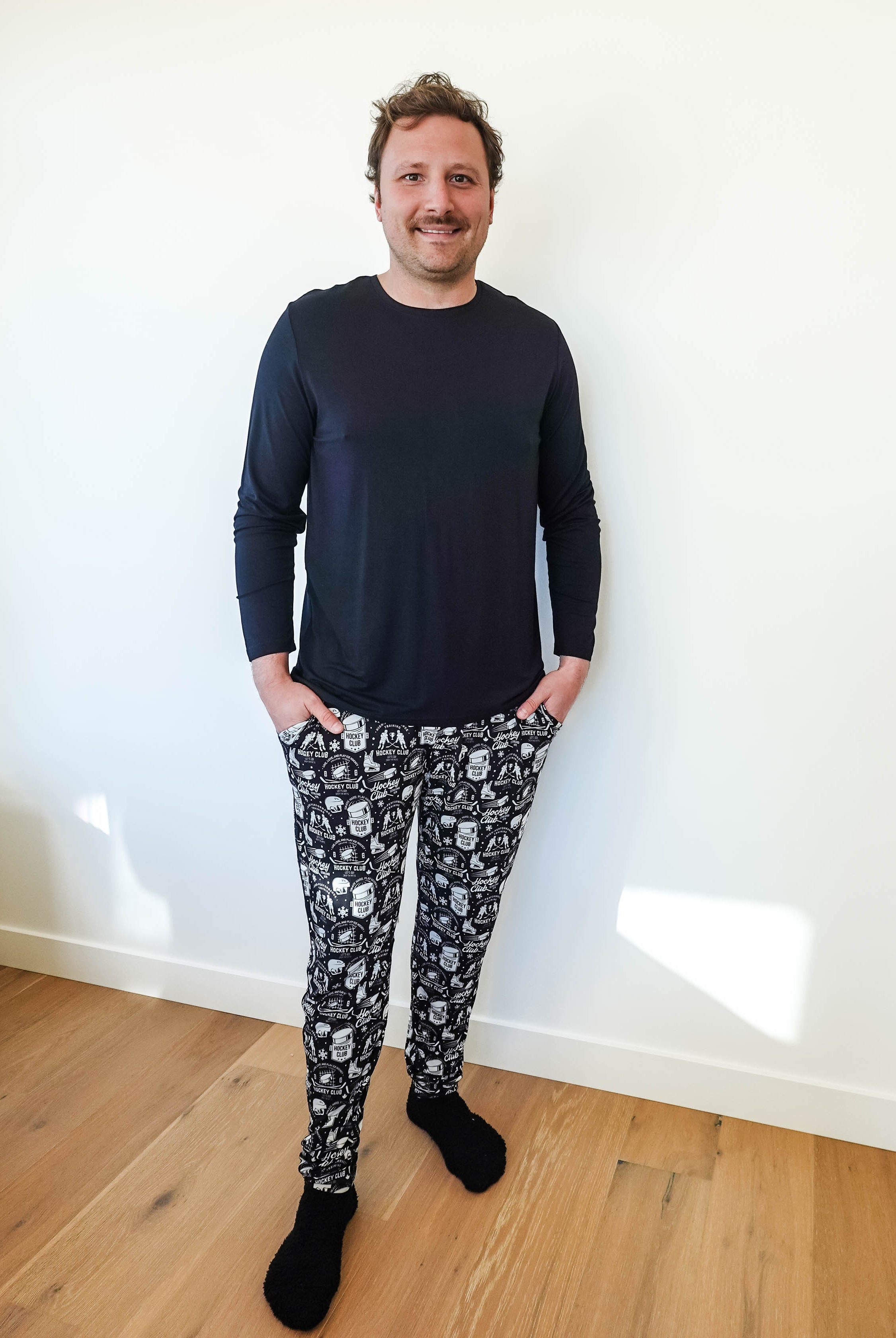 mens hockey print jogger bamboo black and white by bob's sleepwear co.