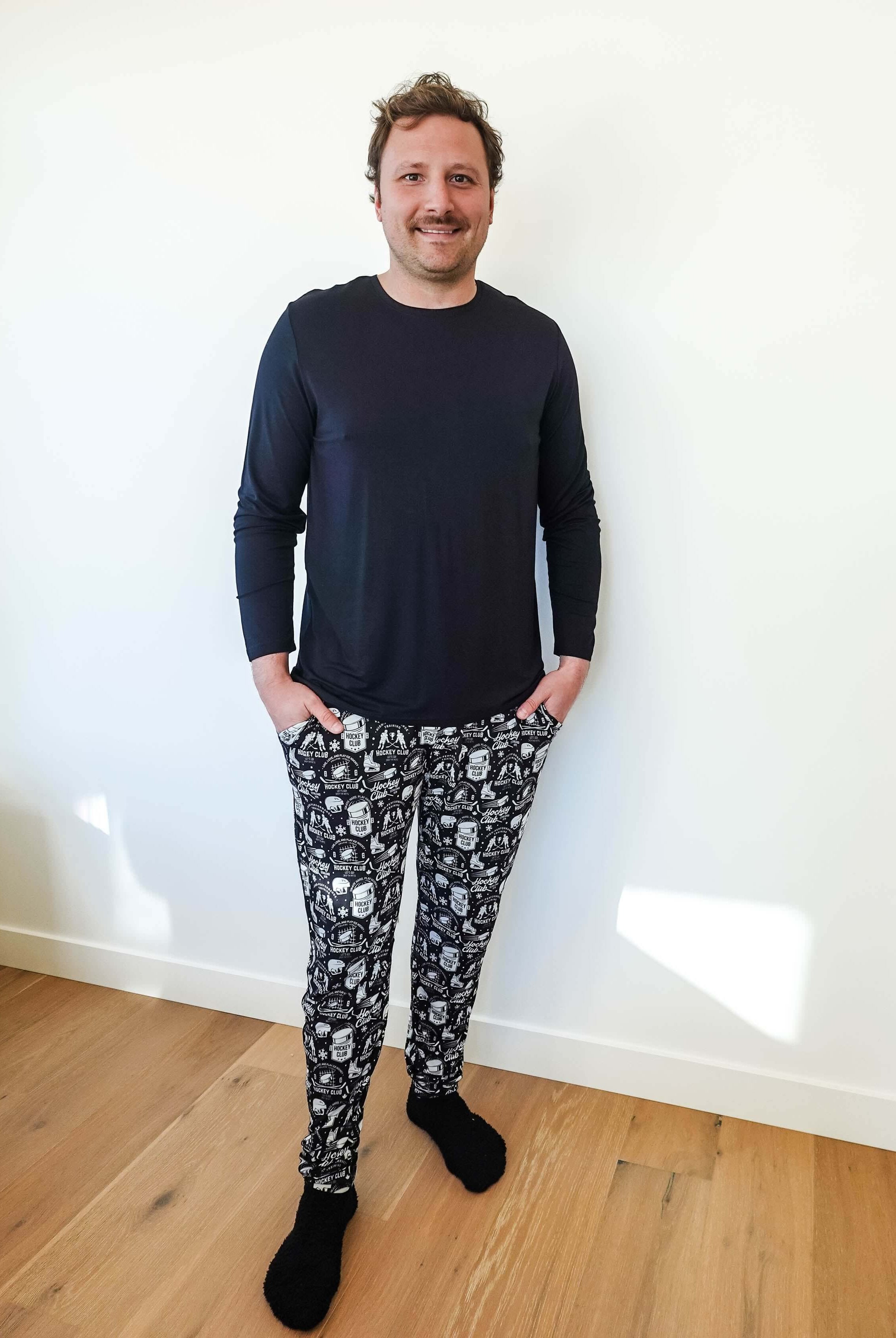 mens hockey print jogger bamboo black and white by bob's sleepwear co.