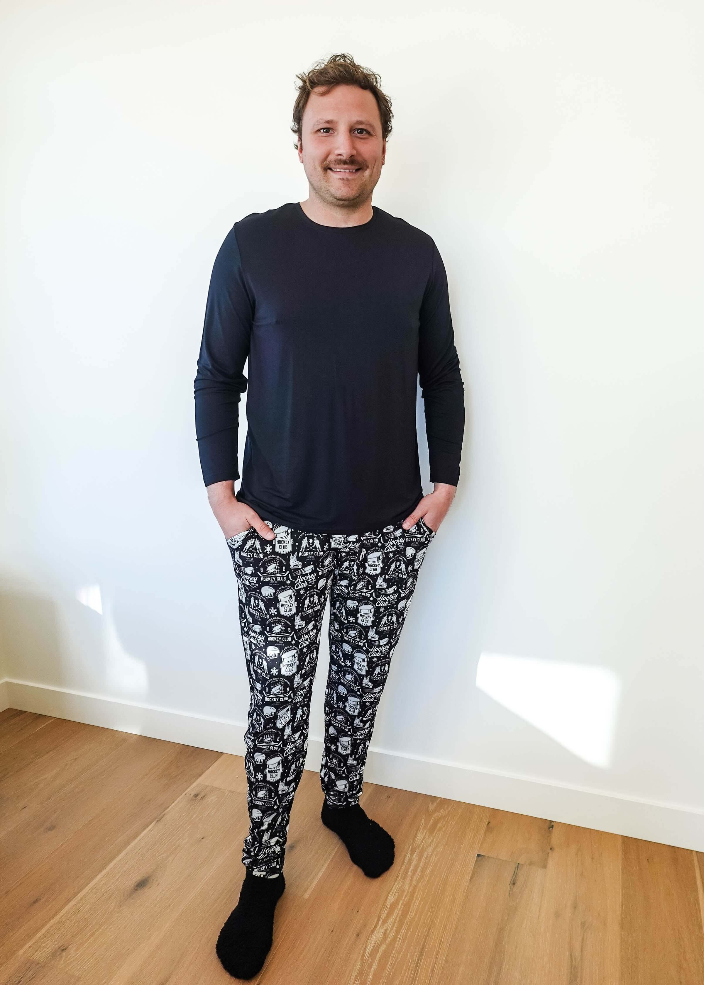 mens hockey print jogger bamboo black and white by bob's sleepwear co.