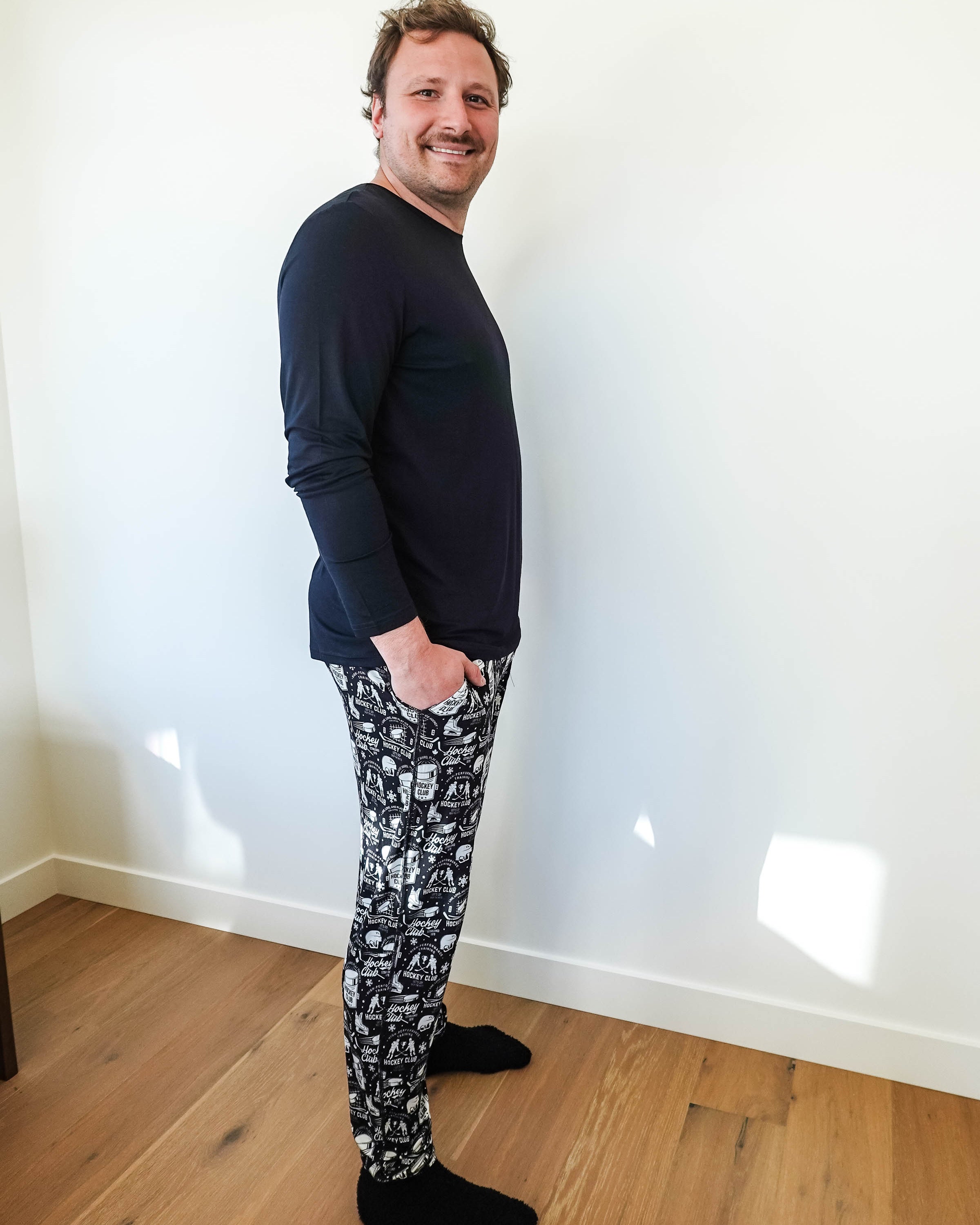 mens hockey print jogger bamboo black and white by bob's sleepwear co.