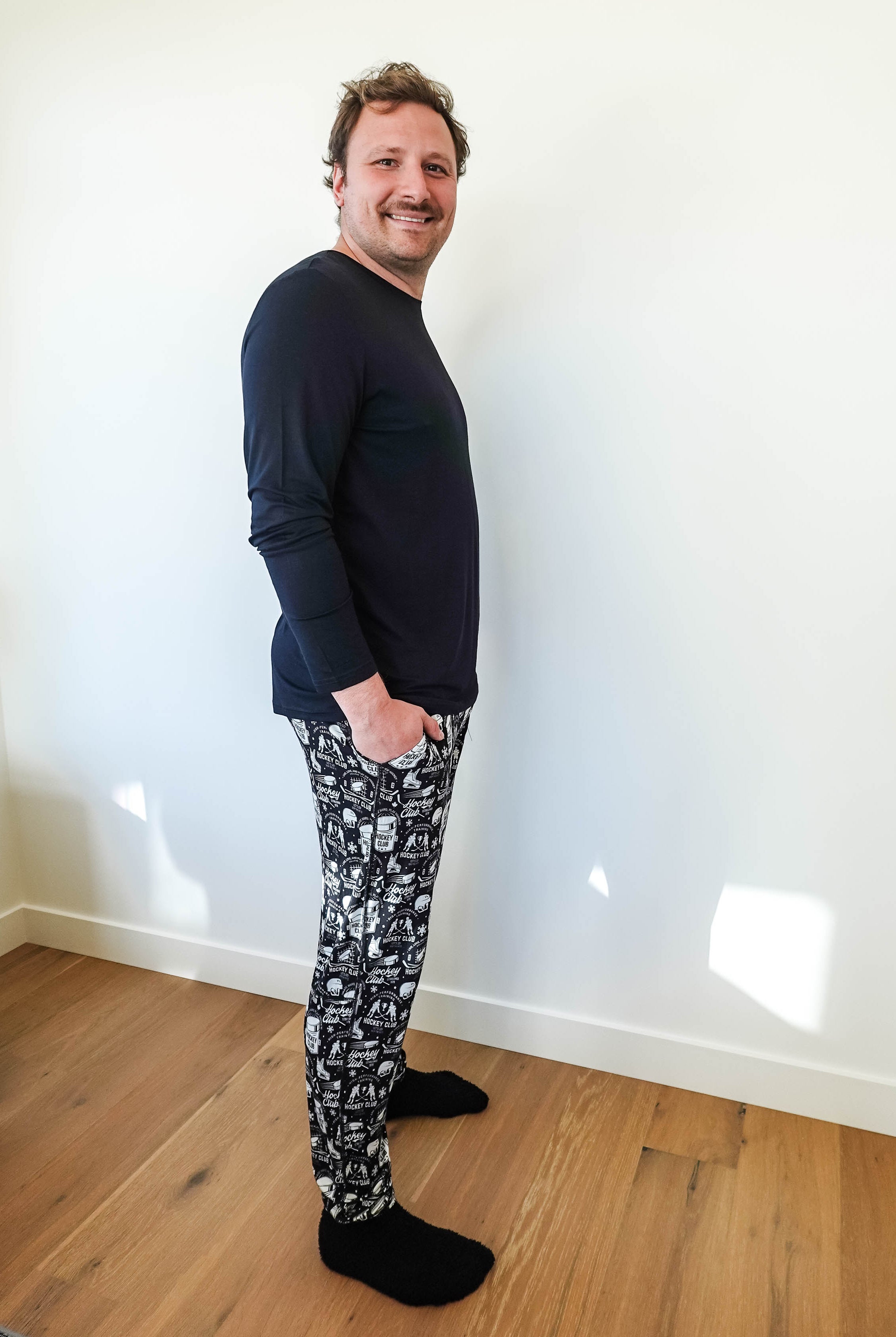 mens hockey print jogger bamboo black and white by bob's sleepwear co.