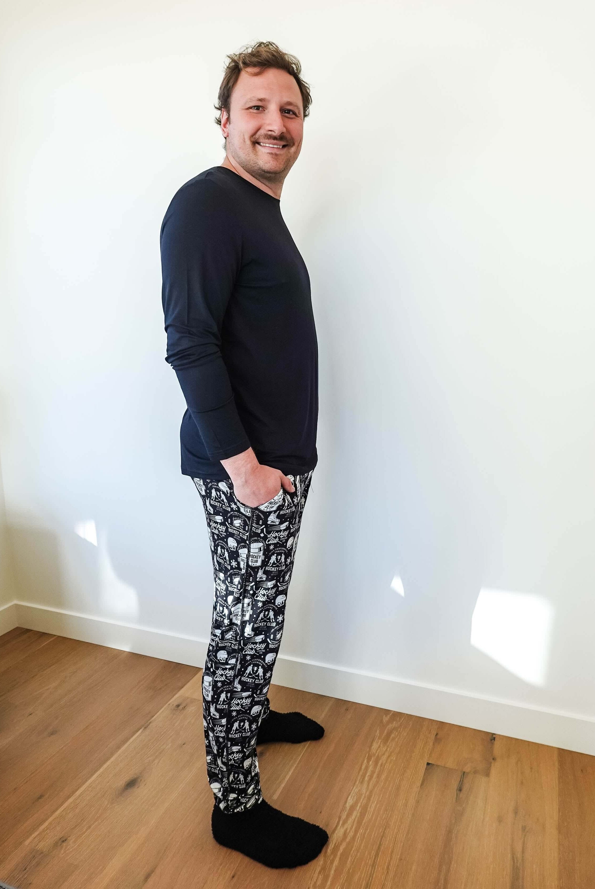 mens hockey print jogger bamboo black and white by bob's sleepwear co.