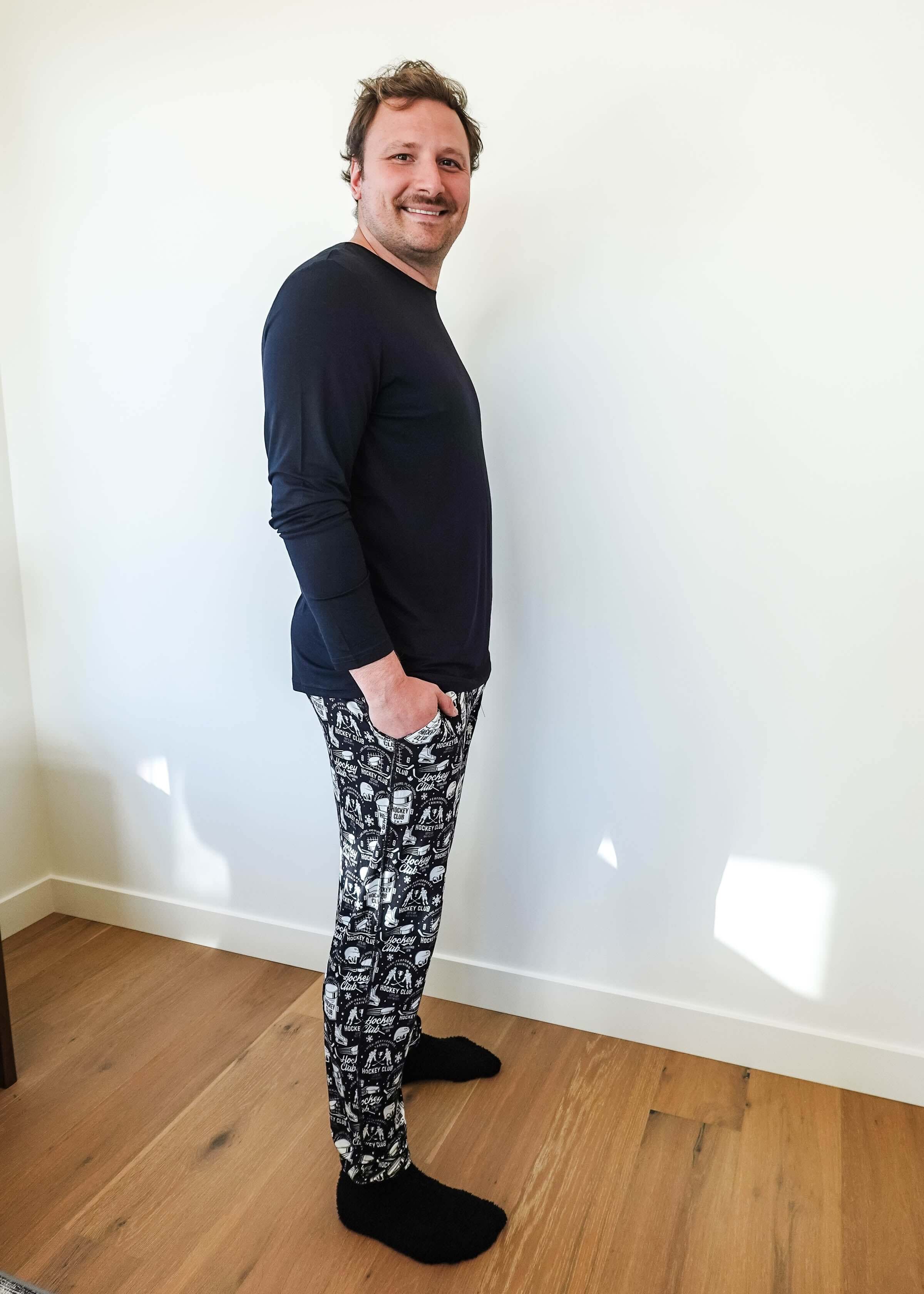 mens hockey print jogger bamboo black and white by bob's sleepwear co.