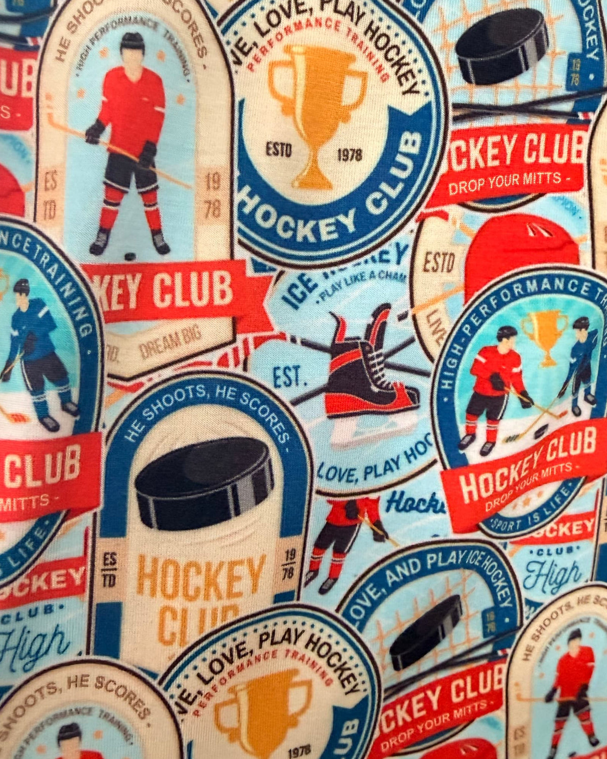 Bob's Sleepwear Co. Hockey Club print close-up illustrated hockey players badges — Cloud Nine Pajamas