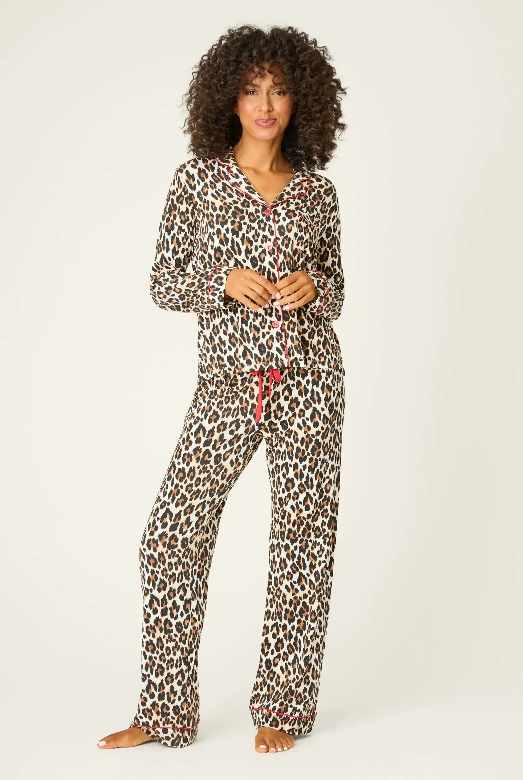 Women's Holiday Dreams Leopard Modal Pants Set w Red Piping | PJ Salvage