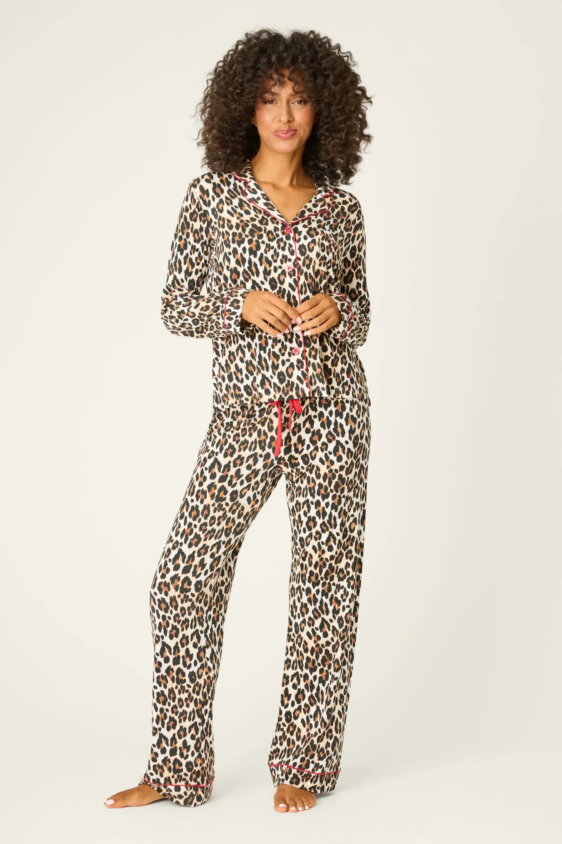 Women's Holiday Dreams Leopard Modal Pants Set w Red Piping | PJ Salvage