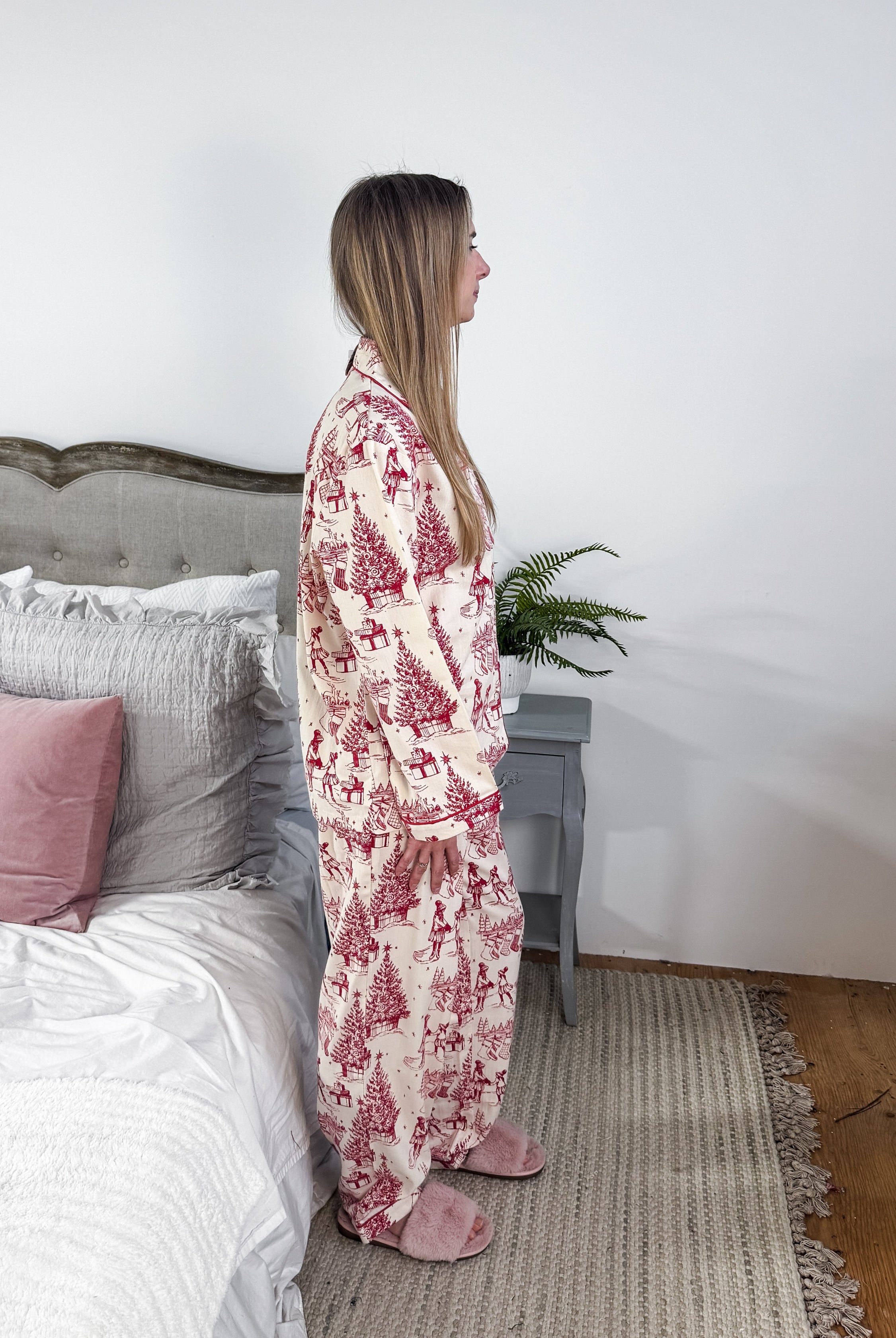 woman's flannel pj button up set in nostalgic vintage inspired christmas print