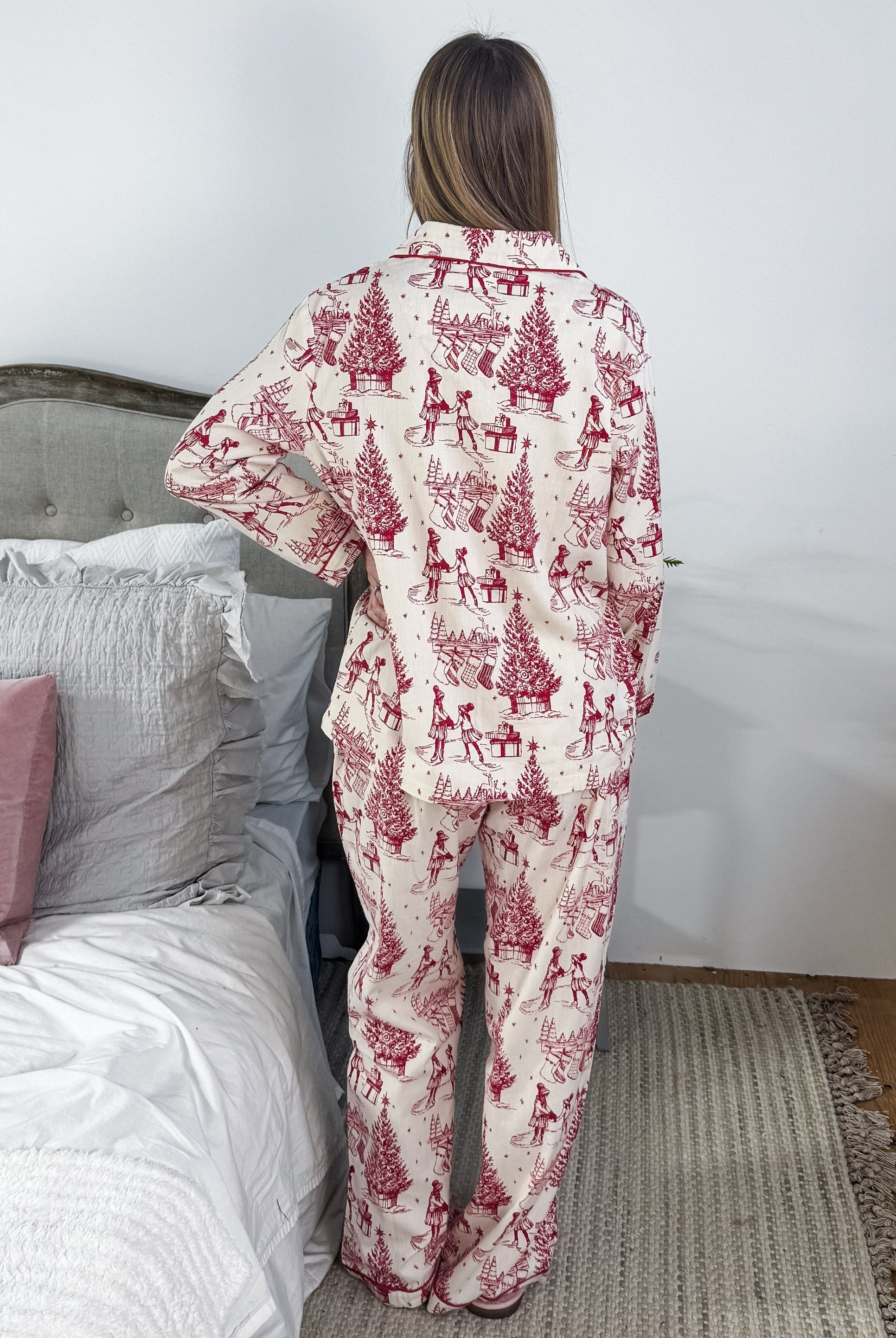 woman's flannel pj button up set in nostalgic vintage inspired christmas print