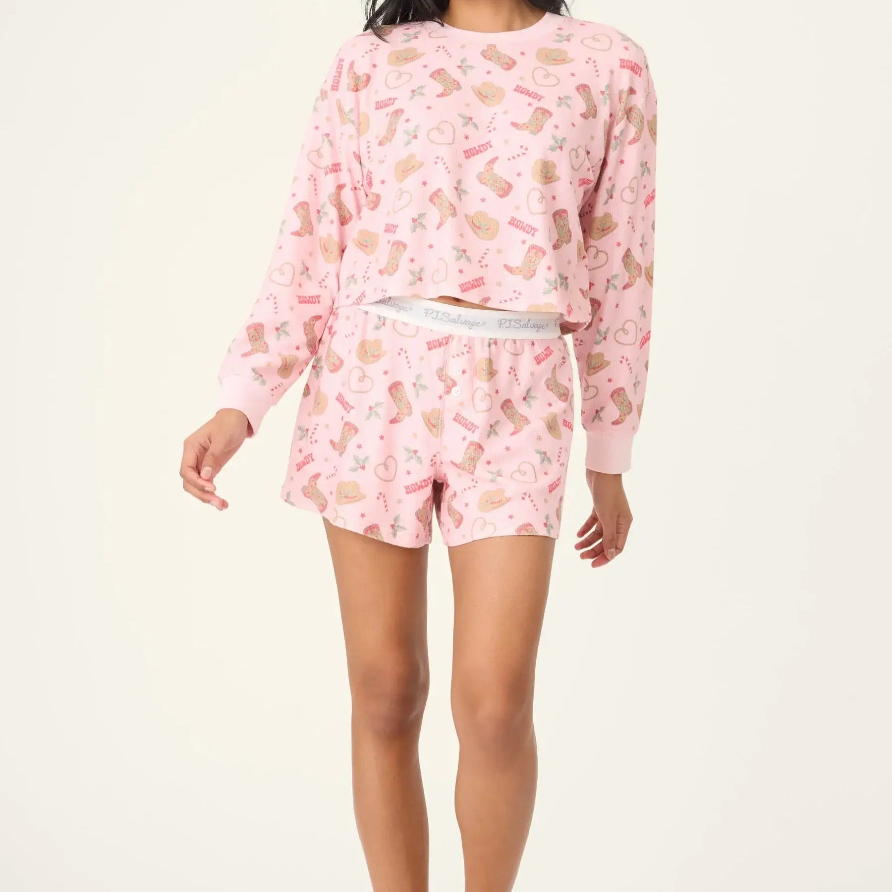 Women's Boyfriend Boxer Waffle Shorts Set pinky howdy western PJ Salvage