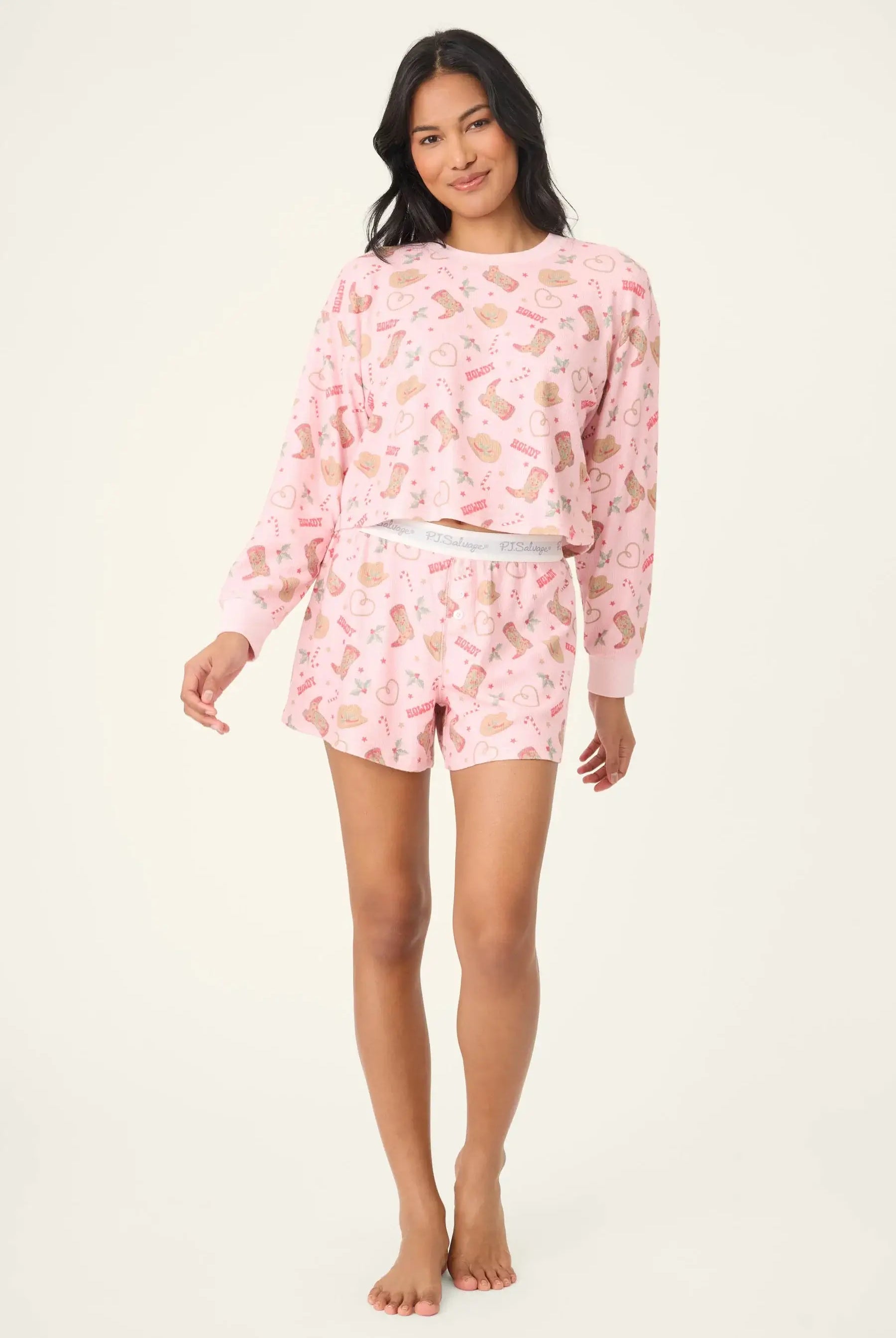 Women's Boyfriend Boxer Waffle Shorts Set pinky howdy western PJ Salvage