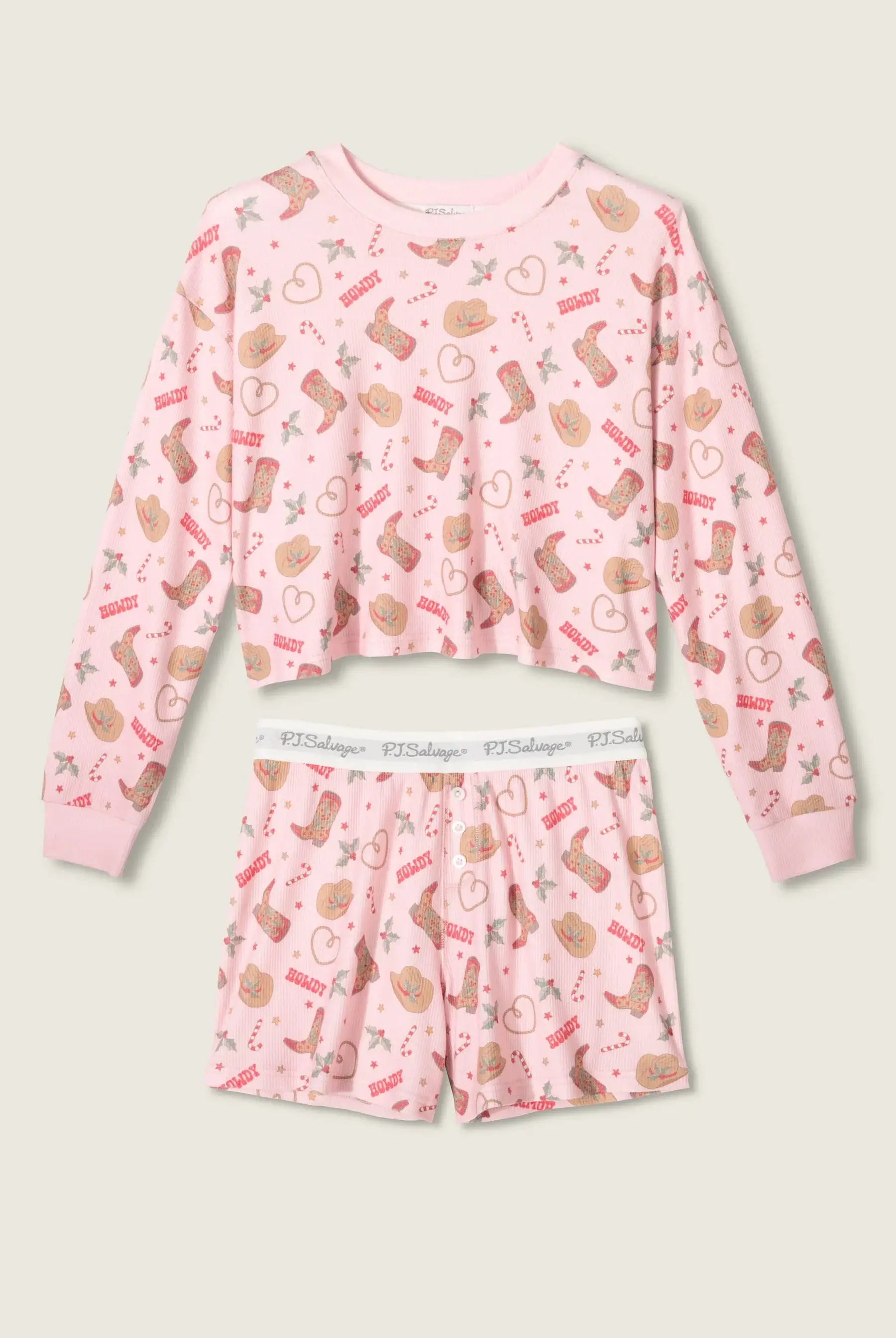 Women's Boyfriend Boxer Waffle Shorts Set pinky howdy western PJ Salvage