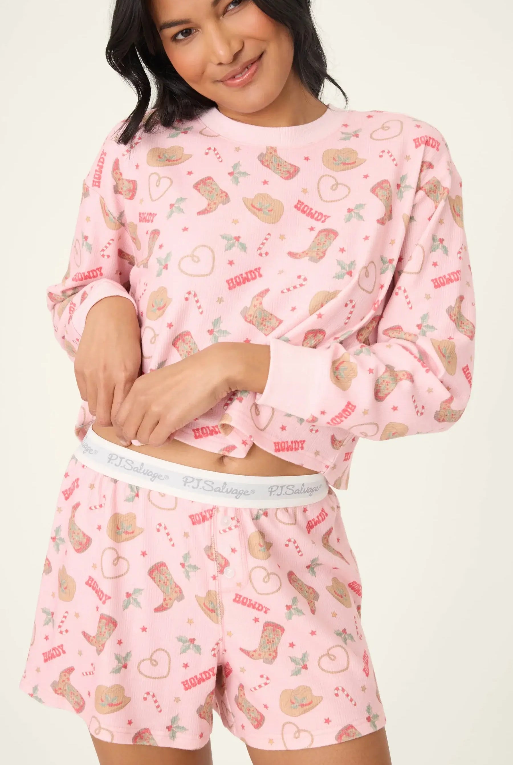Women's Boyfriend Boxer Waffle Shorts Set pinky howdy western PJ Salvage