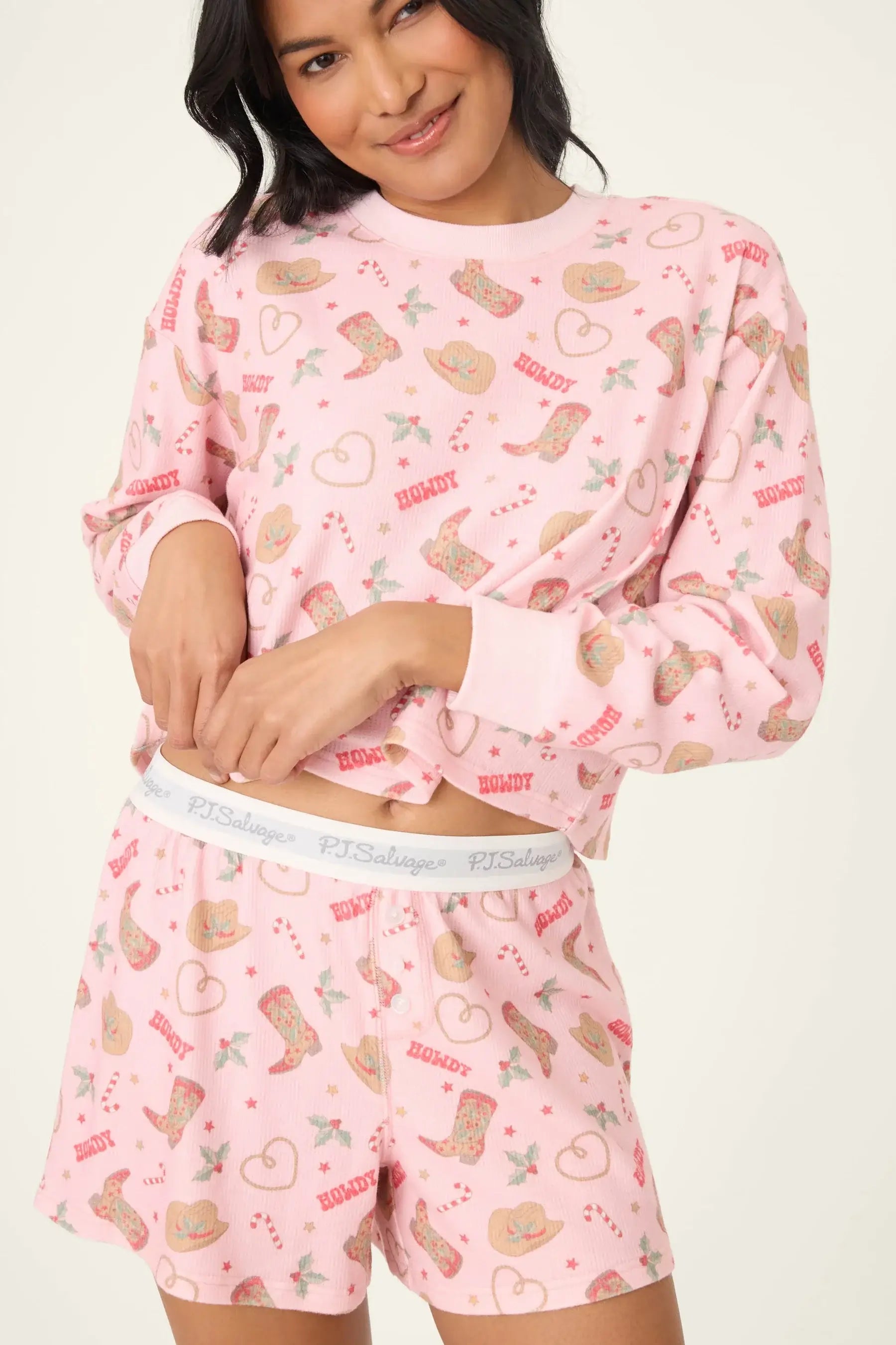 Women's Boyfriend Boxer Waffle Shorts Set pinky howdy western PJ Salvage