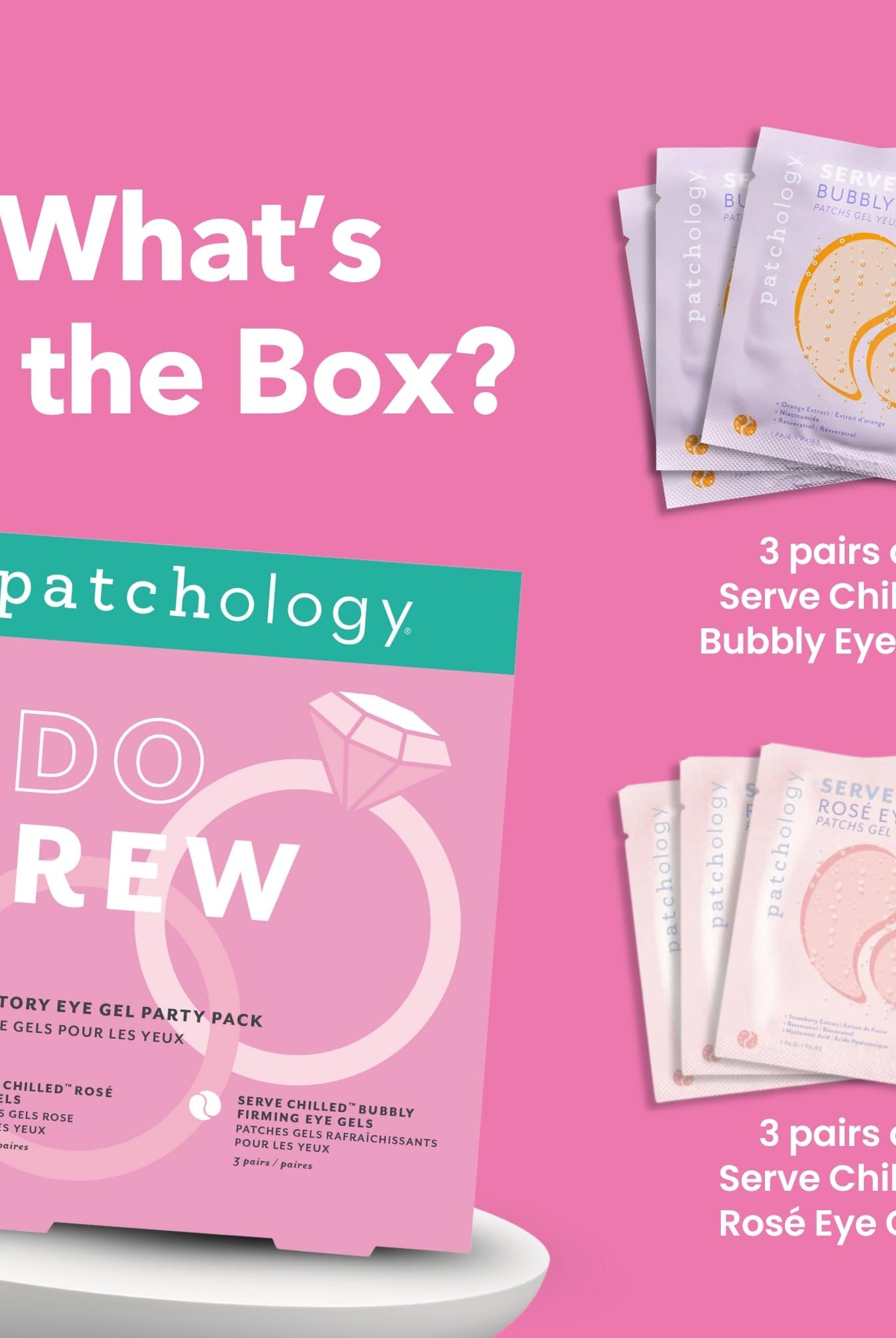 Patchology 'I Do Crew' eye gel party pack with eye gel packets on a pink background, Patchology I Do Crew bridal party eye gel pack bubbly rosé