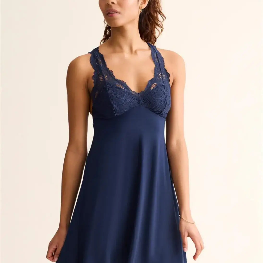 woman's full bust supportive lace nightgown with built in bra in ink blue charcoal by Fleur't
