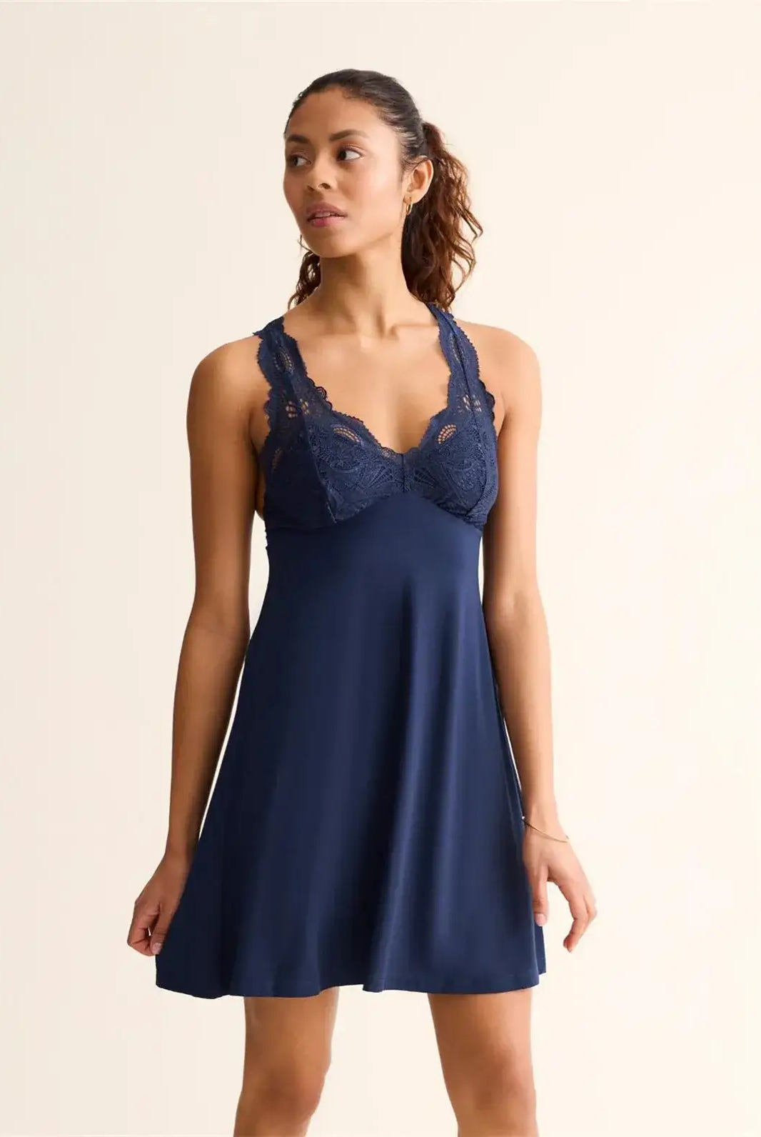 woman's full bust supportive lace nightgown with built in bra in ink blue charcoal by Fleur't