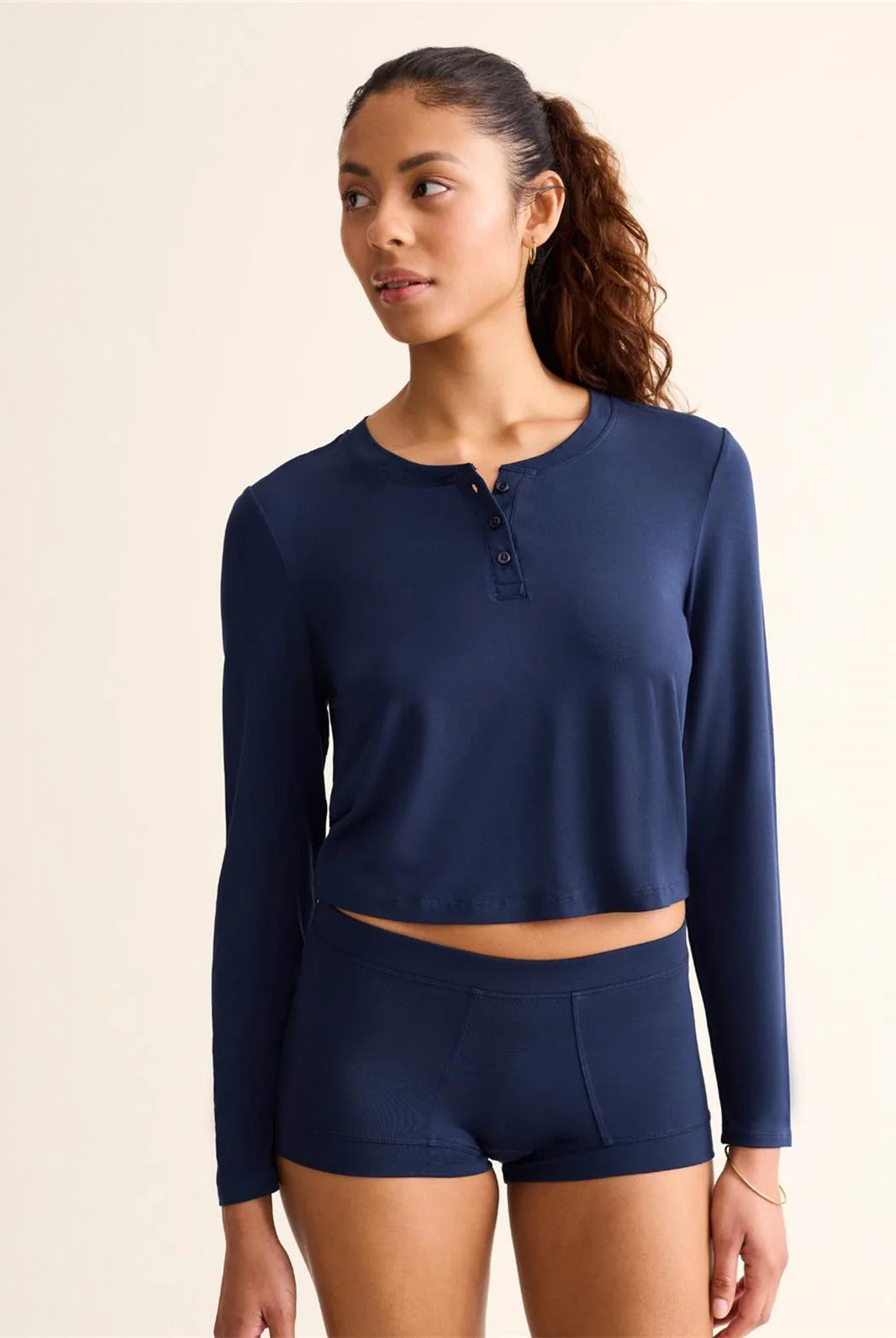 woman's ink blue modal henley top by fleurt
