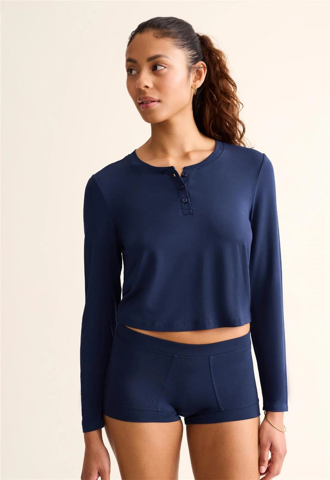 woman's ink blue modal henley top by fleurt