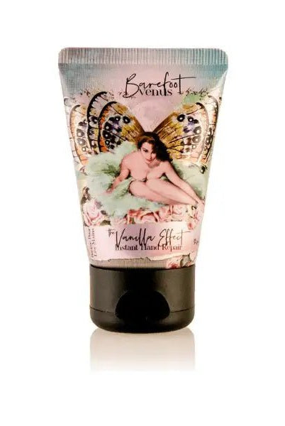the vanilla effect mini hand repair on the go 1 oz with vintage graphic on label by canadian brand Barefoot Venus