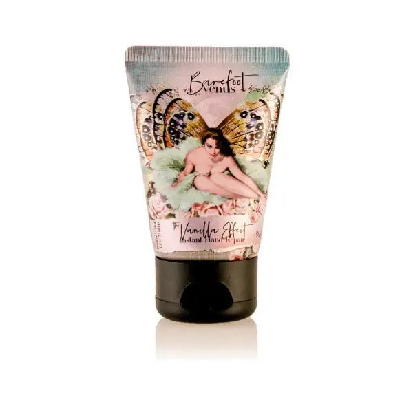 the vanilla effect mini hand repair on the go 1 oz with vintage graphic on label by canadian brand Barefoot Venus